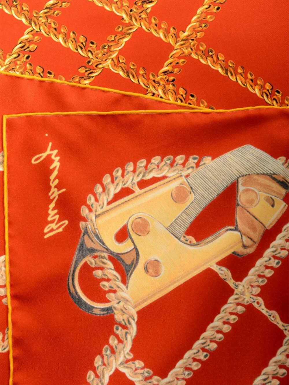 Burberry "Chain Check SLK SQ" Red & Gold Large 100% Silk Square Scarf - Picture 5 of 6